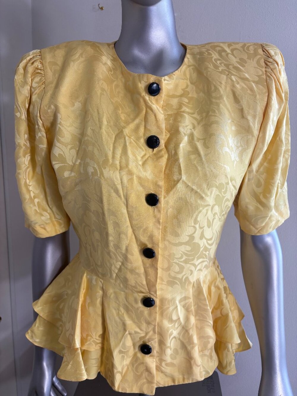 VTG 80s Adrianna Papell 100% Silk Jacquard Peplum Blouse Puff Sleeve Yellow